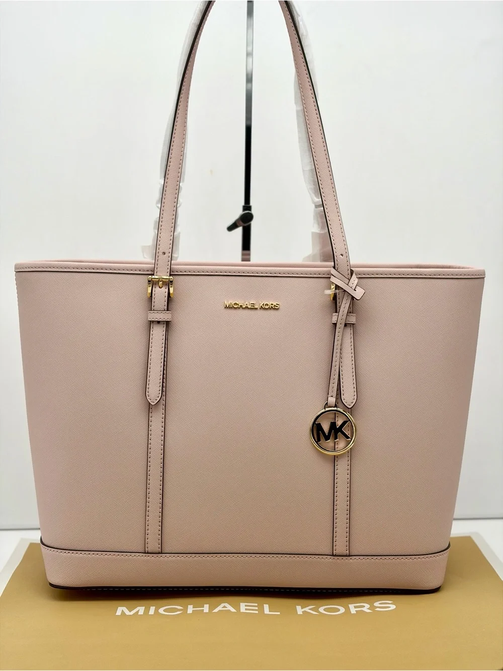 MICHAEL KORS Jet Set Travel Lg Top Zip Shoulder Tote Saffiano Leather Pwdr Blush